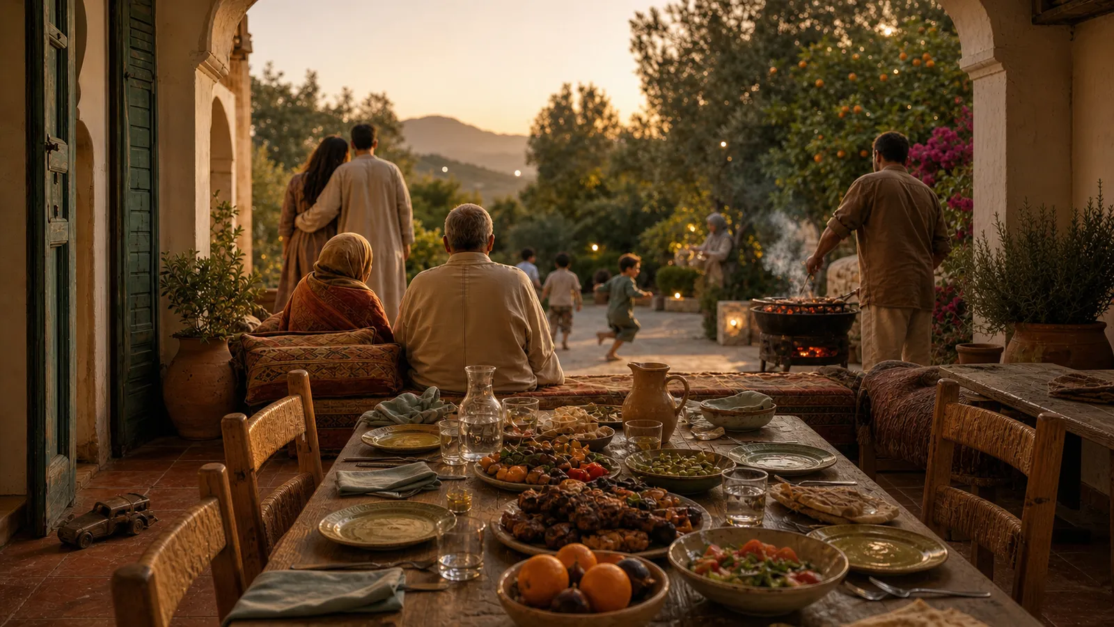 Repas de famille sur la terrasse à la golden hour;l'ambiance de la maison familiale à l'origine de Bekazen